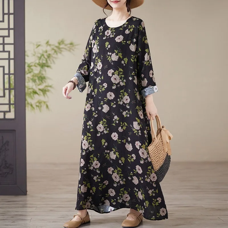 

Women Casual Long Dress New Arrival 2024 Autumn Vintage Style O-neck Floral Print Loose Female Holiday A-line Dresses B3955