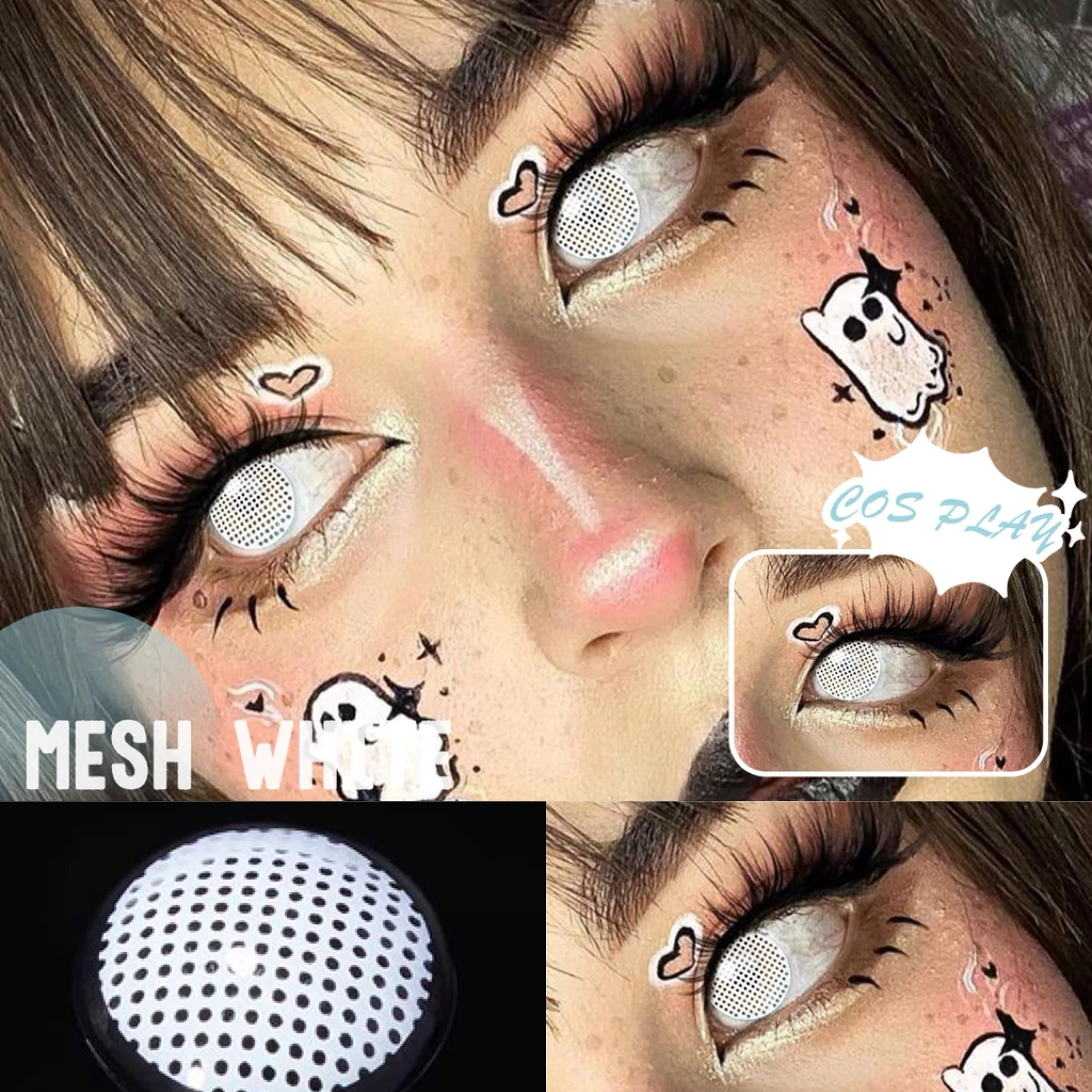 VISUASHOW Anime Cosplay Farbige Kontaktlinsen 2 Stück Block Blind Weiß & Schwarz Kontaktlinse Jährliche Schülervergrößerung für Augen Make-up