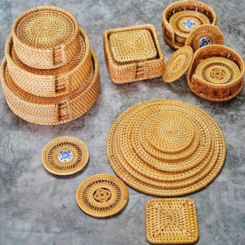 Cup Mat Round Natural Rattan Heat-Resistant Pad Hand Woven Hot Insulation Placemats Table Padding Kitchen Decoration Accessories