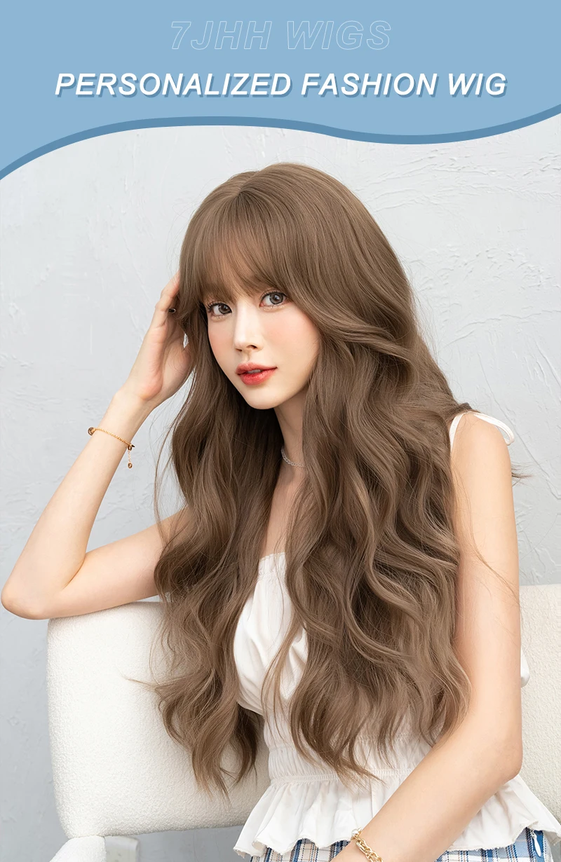 7jhhウィッグ-女性用ウェーブハニーブラウンヘアウィッグ、合成ボディ