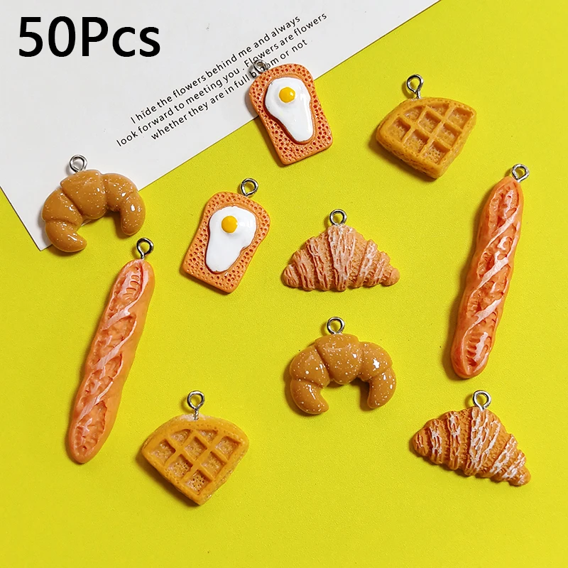 50 unids/pack Baguette Croissant pan resina Flatback encantos a granel venta al por mayor comida colgantes accesorio DIY lindo pendiente joyería hacer