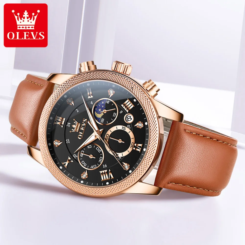 OLEVS TOP Phase de lune chronographe lumineux montres pour hommes bracelet en cuir étanche montre à Quartz originale pour homme marque montre-bracelet