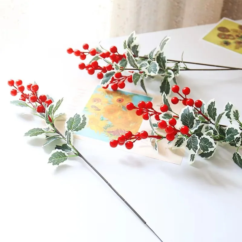 

Christmas Red Berry Branch Articifial Holly Berry Green Leave DIY Wreath Xmas Tree Ornament Christmas New Year Party Decoration
