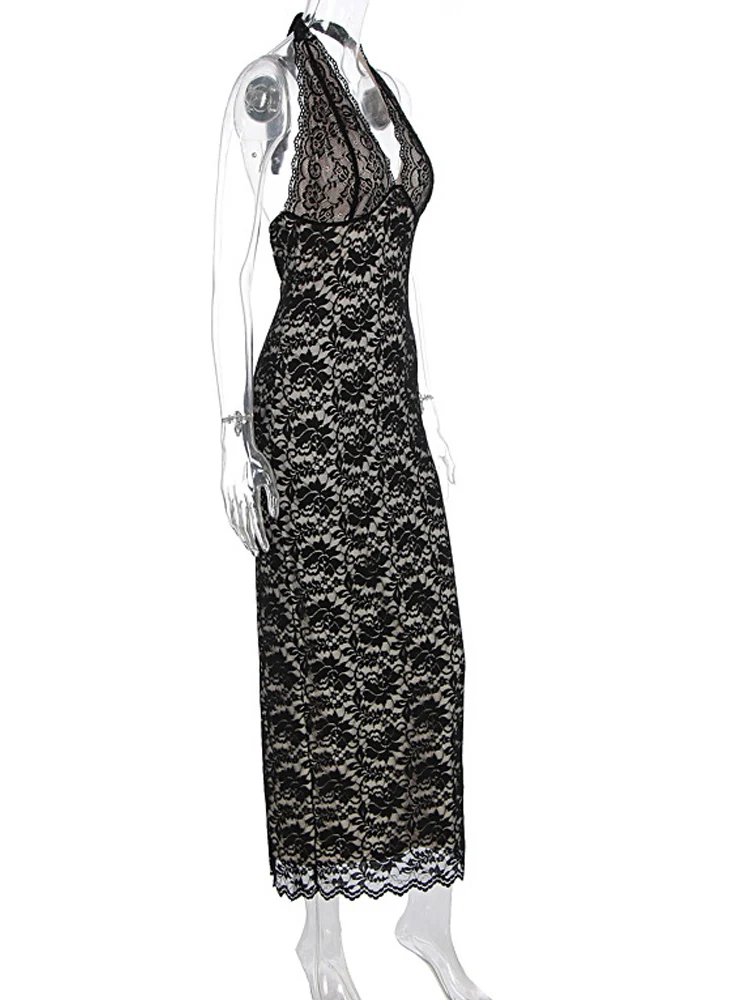 فستان Kricesseen مثير للنساء باللون الأسود برقبة رسن من الدانتيل ميدي فستان جديد للسيدات شفاف من الدانتيل مُزين بالزهور ملابس حفلات الكوكتيل #4