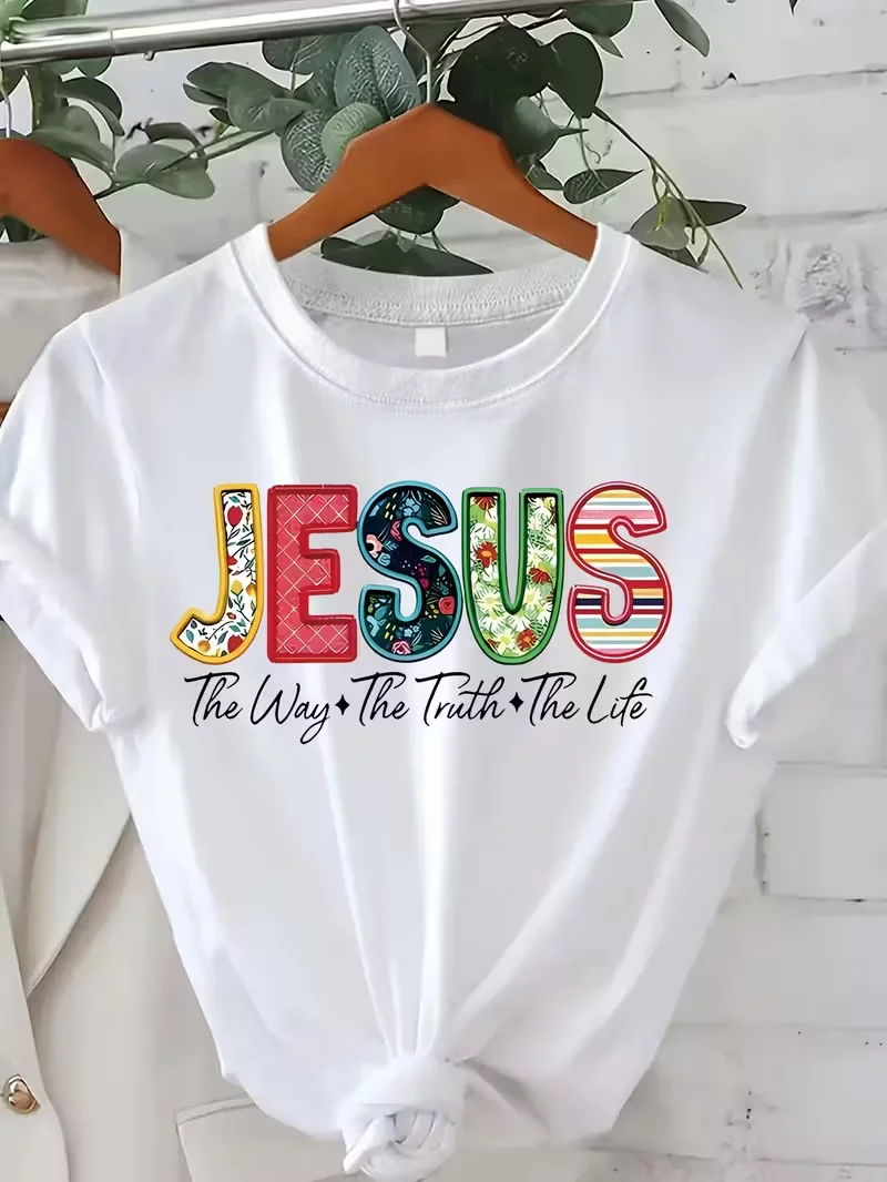 T-shirt décontracté pour femme avec imprimé lettres colorées - Design « Jesus - Le Chemin, la Vérité, la Vie » - Confort toutes saisons - T-shirts pour femmes