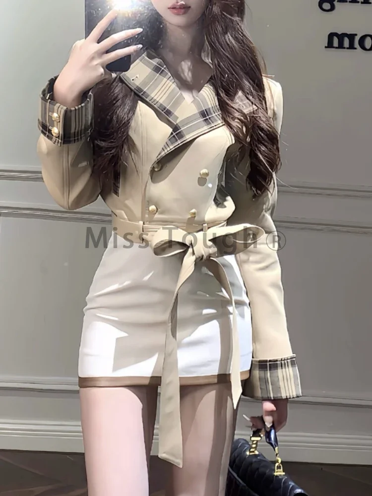 Winter Japanese Sweet Patchwork 2 Piece Set Women Plaid Y2k Belt Coat + White Mini Skirt New Chic Design College Style Suit 2024