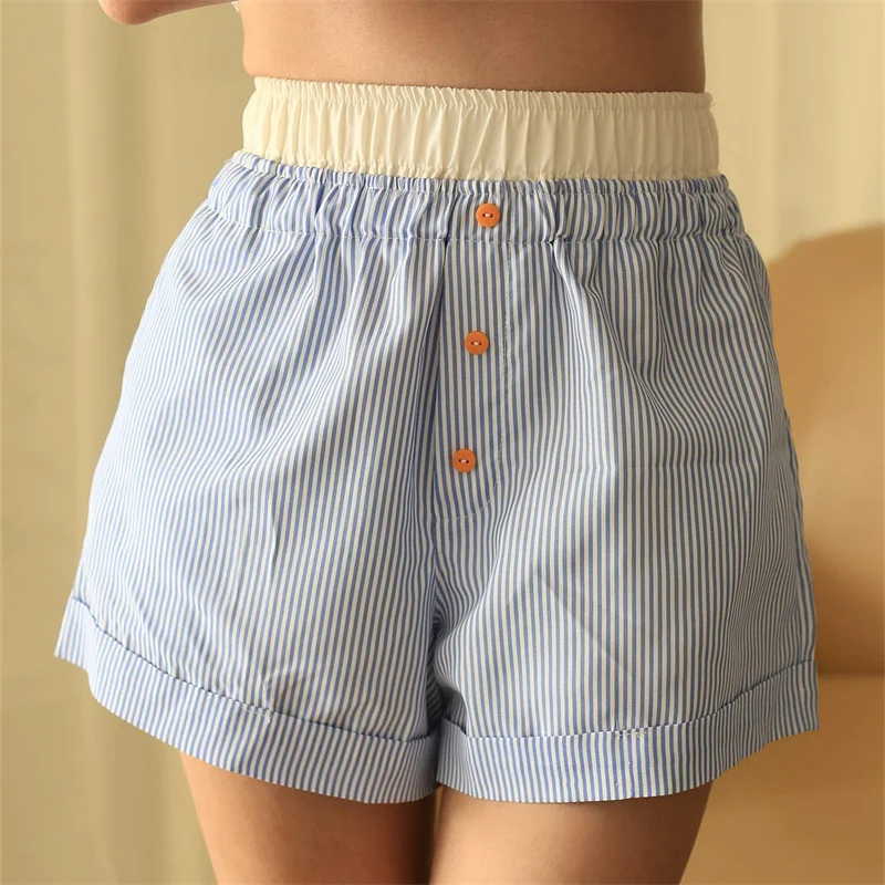 Hot Summer Y2k Striped Print Shorts Elastic Waist Shorts Casual Boxers Pants Shorts Boho Women Loose Botton Beachwear Shorts