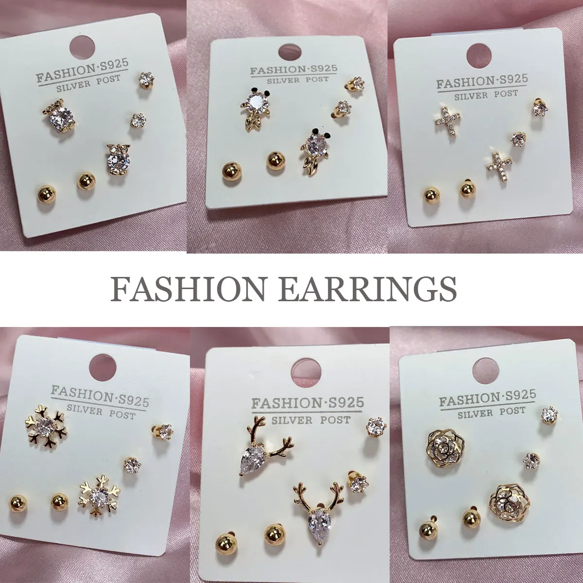 Female Luxury Crystal Zircon Stud Earring Set Vintage Cross Star Snowflakes Leaf Temperament Earrings Girl New Year Jewelry