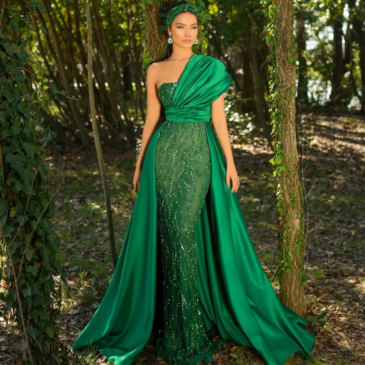 Eye Catching Emerald Green Shiny Lace Mermaid Long Maxi Gowns To Event Party One Shoulder Luxury Women Formal Dress Bridal Dress