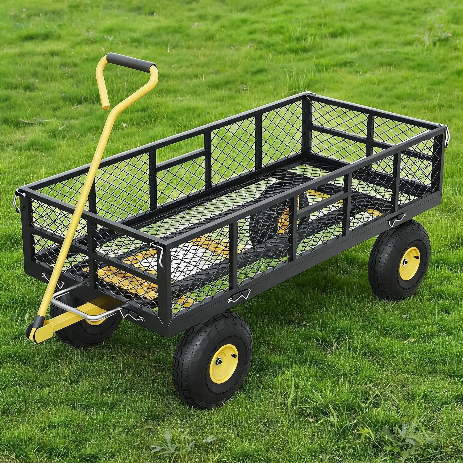 Garvee 900 lb Barrow Outdoor Steel Folding Cart with Removable Mesh Sides Beach Wagon CartGarden Wagon Trolley Household Courtyard Camping Lawn 180° Swivel Handle,10inch Pneumatic Tires