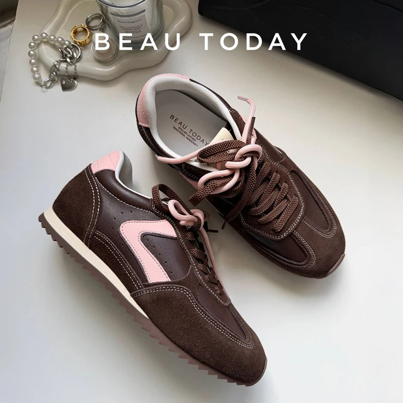 BEAUTODAY Casual Trainers Women Cow Suede Leather Round Toe Multiple Shoelaces Sneakers Lace-up Ladies Shoes Handmade 29959