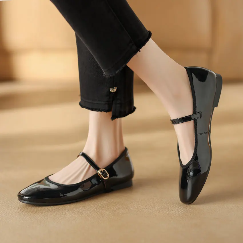 QUTAA 2024 Woman Mary Jane Shoes Patent Leather Flats Heels Black Buckles Casual Shoes Female Spring Summer Shoes Size 34-39