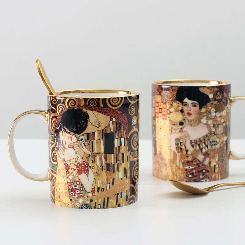 

Klimt Kiss Porcelian Mugs Coffee Cups With Spoon Gustav klimt Bone china Wedding Birthday Present Office Drinkware