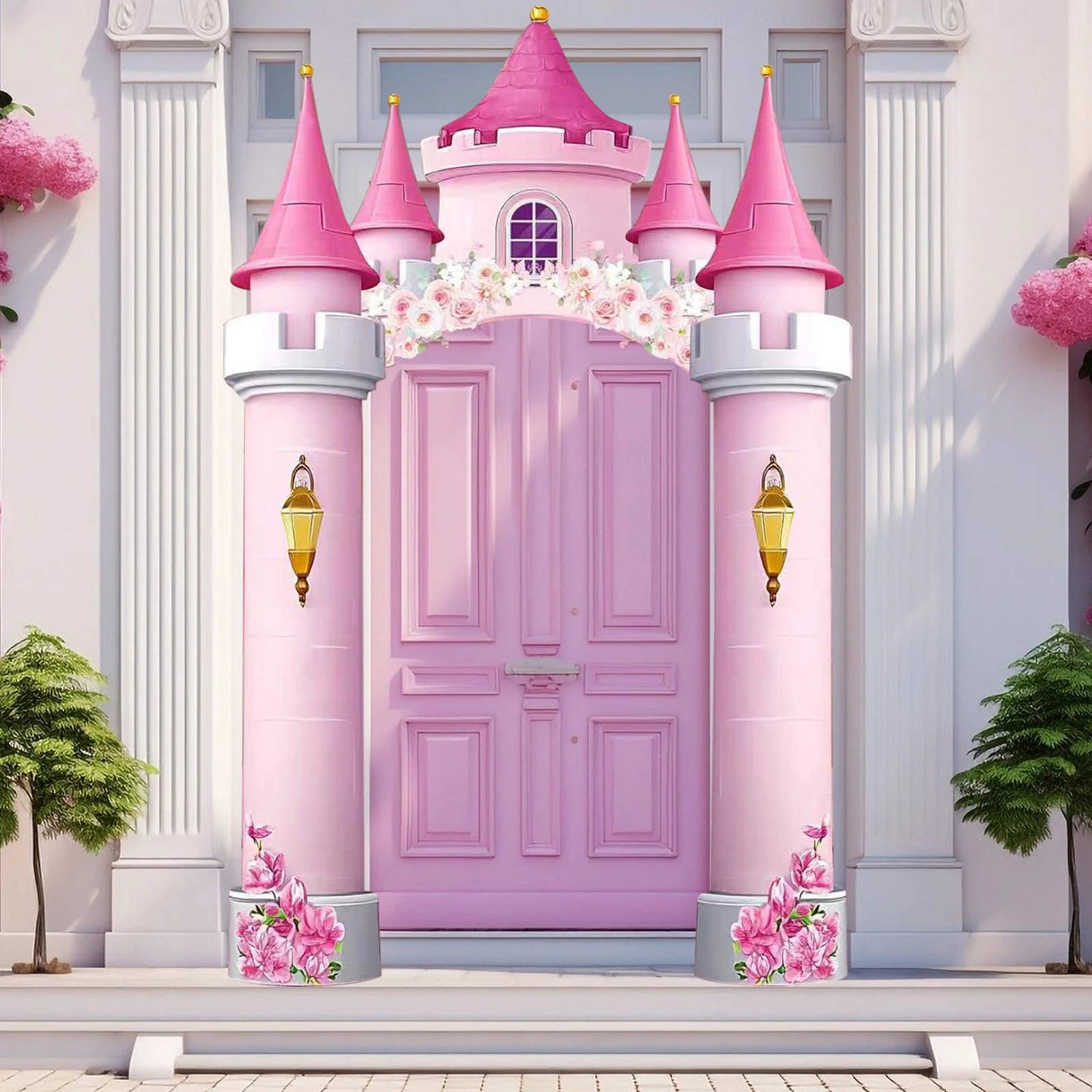 Banner de puerta de fiesta de Castillo de princesa, telón de fondo de puerta de princesa rosa, decoraciones de puerta de cumpleaños, letrero de porche de Castillo Floral rosa