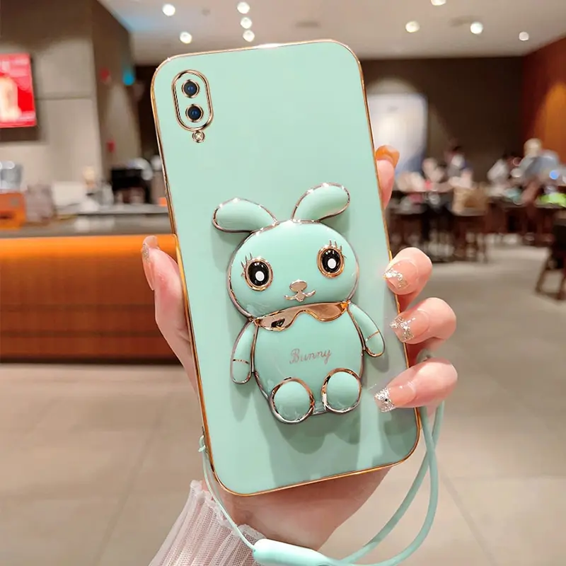 

Phone Case For Vivo Y70 Luxury Plating Square Rabbit Holder With Landyard Phone Case Cover