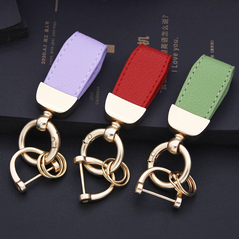 Quality D-shaped Spring Buckle Keychains Jewelry Gifts Couple Gold Plated PU leather rope Key Chains for Bags Pendant decoration