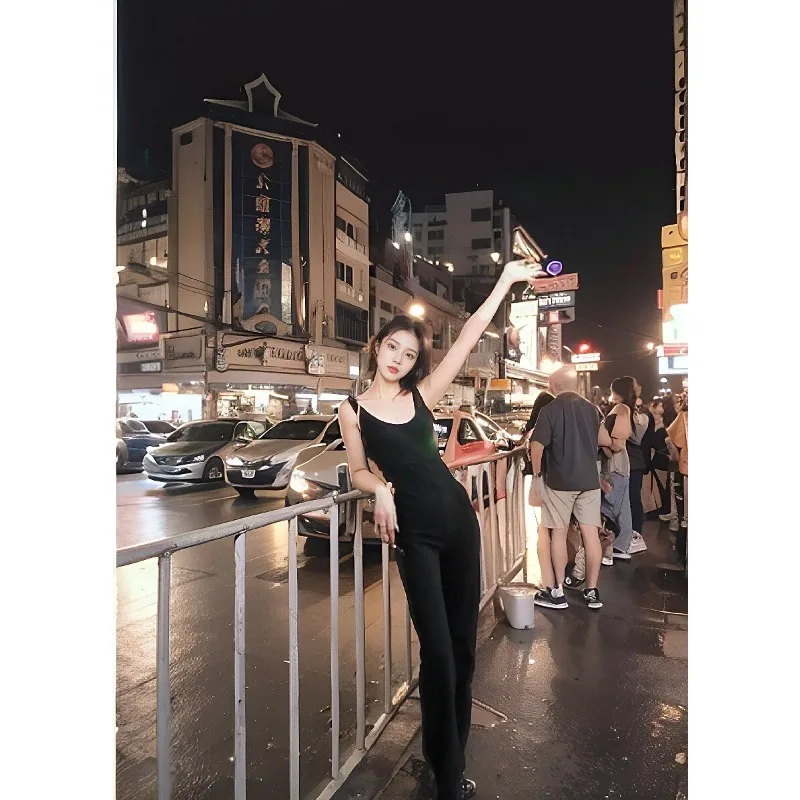 Combinaison noire élastique en forme de U pour femmes, col sans manches, bretelles, dos nu, pantalons longs décontractés, nouvelle collection printemps et été