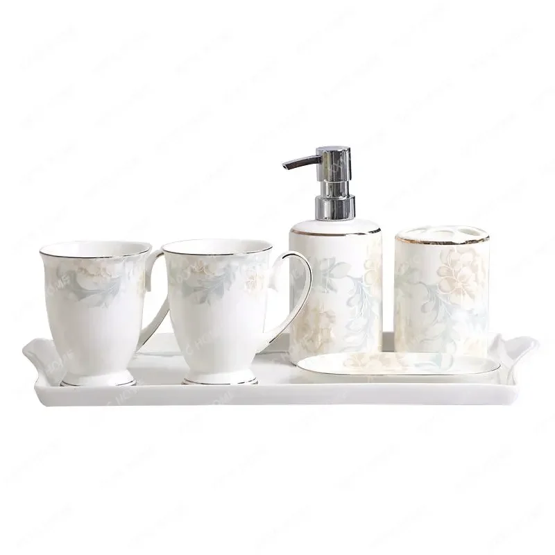 Simple Bone China Bathroom Five-Piece Toothbrush Mouthwash Cup Sets Light Luxury Bathroom Toiletry Set