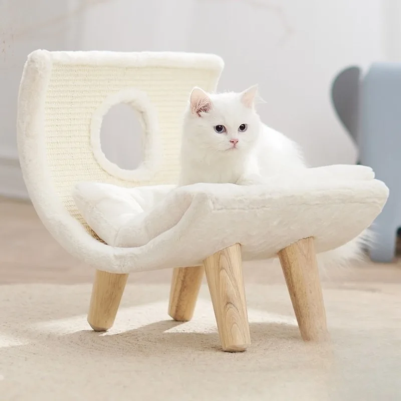 Solid Wood Chaise Cat Bed, Summer Sisal Scratcher Hammock, Sunbathing Pet Nest Anti Debris for Indoor Pets