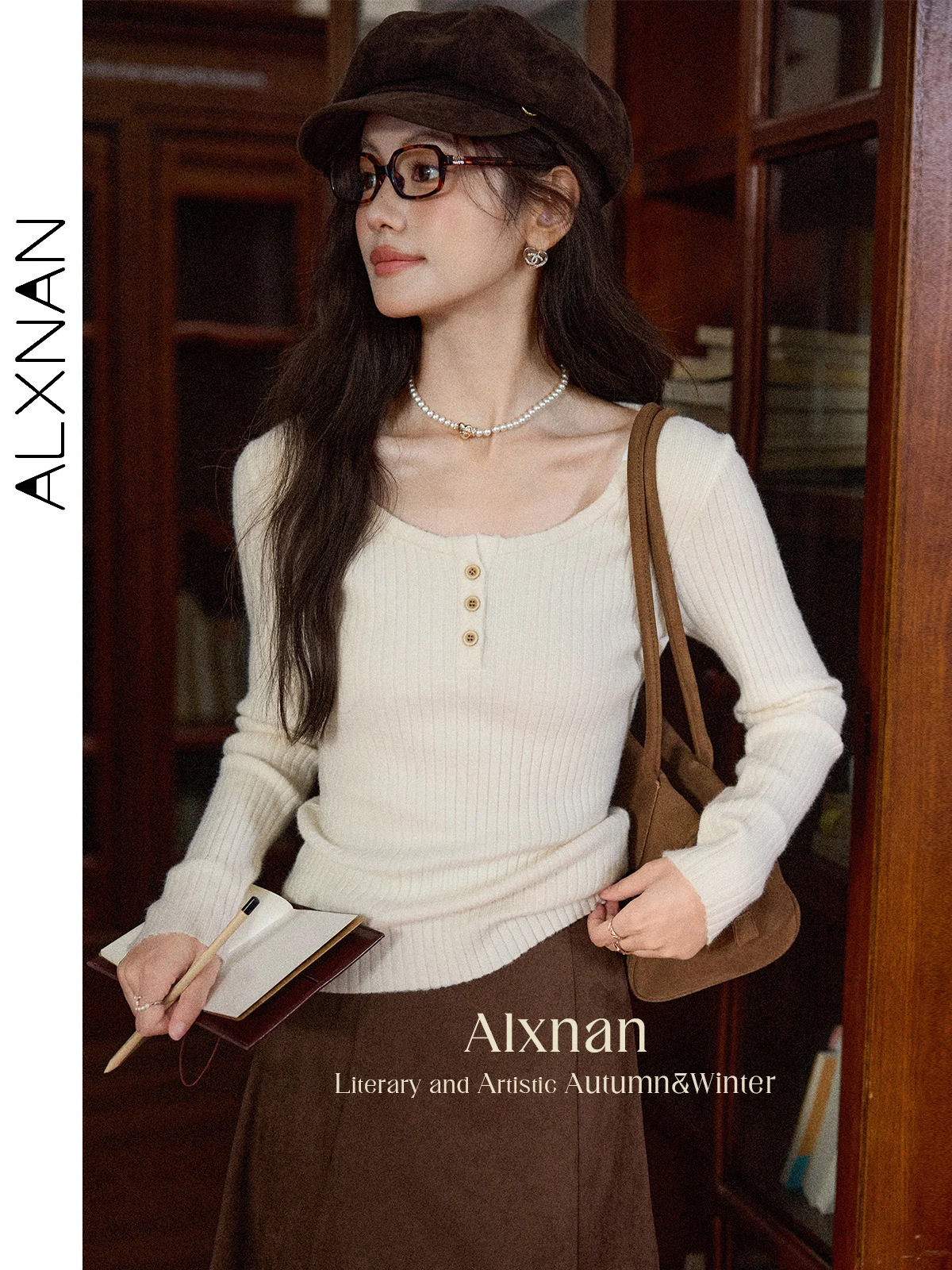 ALXNAN frauen Pullover Apricot Rundhals Langarm Pullover Herbst Winter Elegante Casual Slim-fit Gestrickte Tops Weibliche L56950