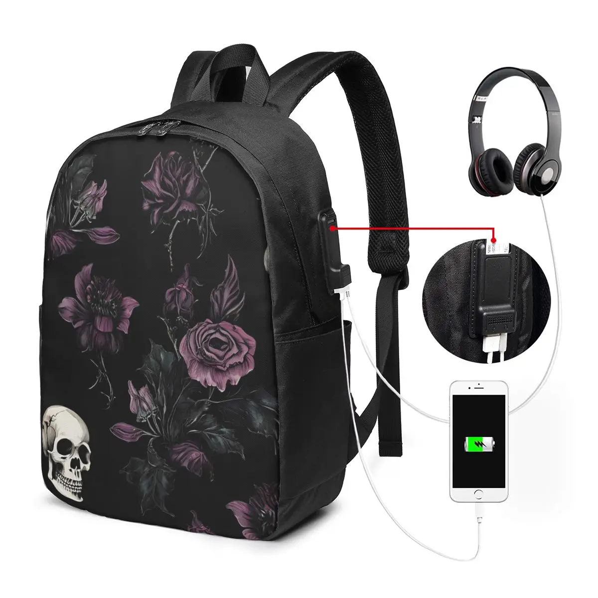 Gothic Purple Roses And Skulls Backpack Travel Notebook Bag Computer College Student School Bag Laptop Shoulder Bags Men Women