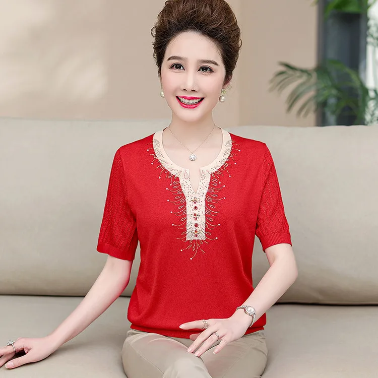 

Women Beads Flowers Knit Thin T shirt 2025 Spring Summer Short Sleeve Mothers Lady Floral Pullover t-shirt