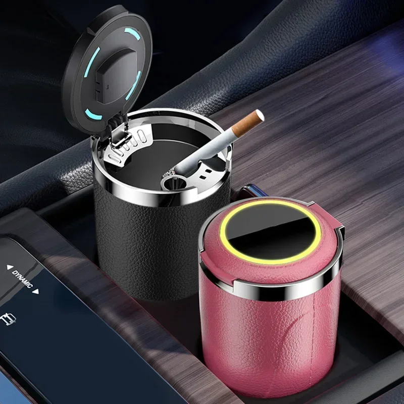 Leather Car Ashtray with Lid Smell Proof Stainless Steel Blue Led Portable Ashtray Cup Auto Fireproof Shell cigar ashtray asbak