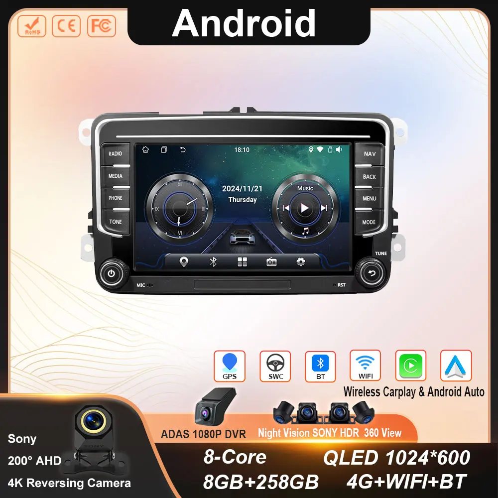 

Android14 Car Radio GPS For VW Volkswagen Skoda Octavia Golf 5 6 Touran Passat B6 Polo Jetta 2Din Multimedia Player NO 2DIN DIN