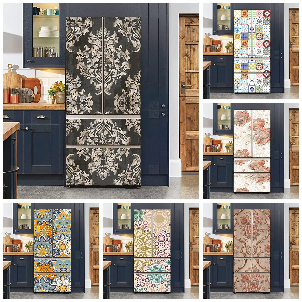 

Retro Baroque Floral Printed Door Wrap Cover Sticker Self-adhesive Decoration Retro Mandala Pattern Fridge Door Art Mural Decals