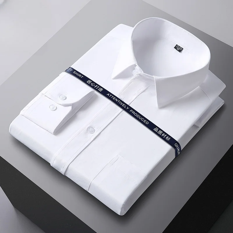Nueva camisa Formal para hombre, camisas de manga larga para oficina, Color sólido, antiarrugas, moda de negocios, bolsillo blanco, camisas con bolsillo Social, S-6XL 7XL
