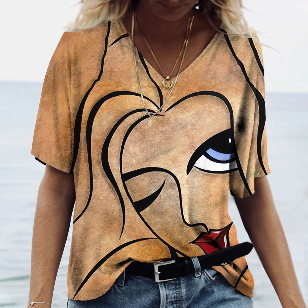 Vintage Women\'s T-shirt V-neck Fashion Top Abstract Face Print Street Style Oversized Shirt Everyday Casual Short Sleeve T-shirt