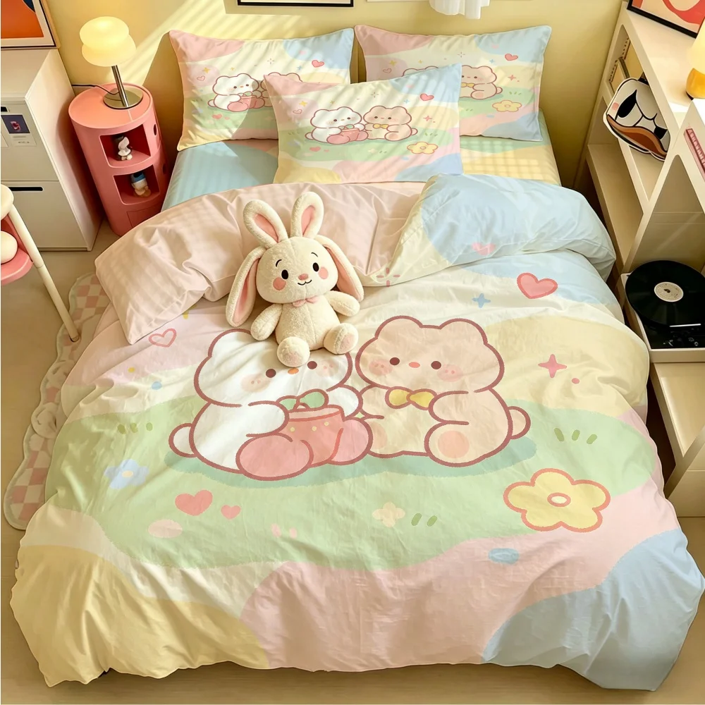 

Kawaii Rabbit Bedding Set for Kids Ins Twin Queen Size Duvet Cover Flat Sheet Pillowcase No Filler Girls Home Totel Bed Linens