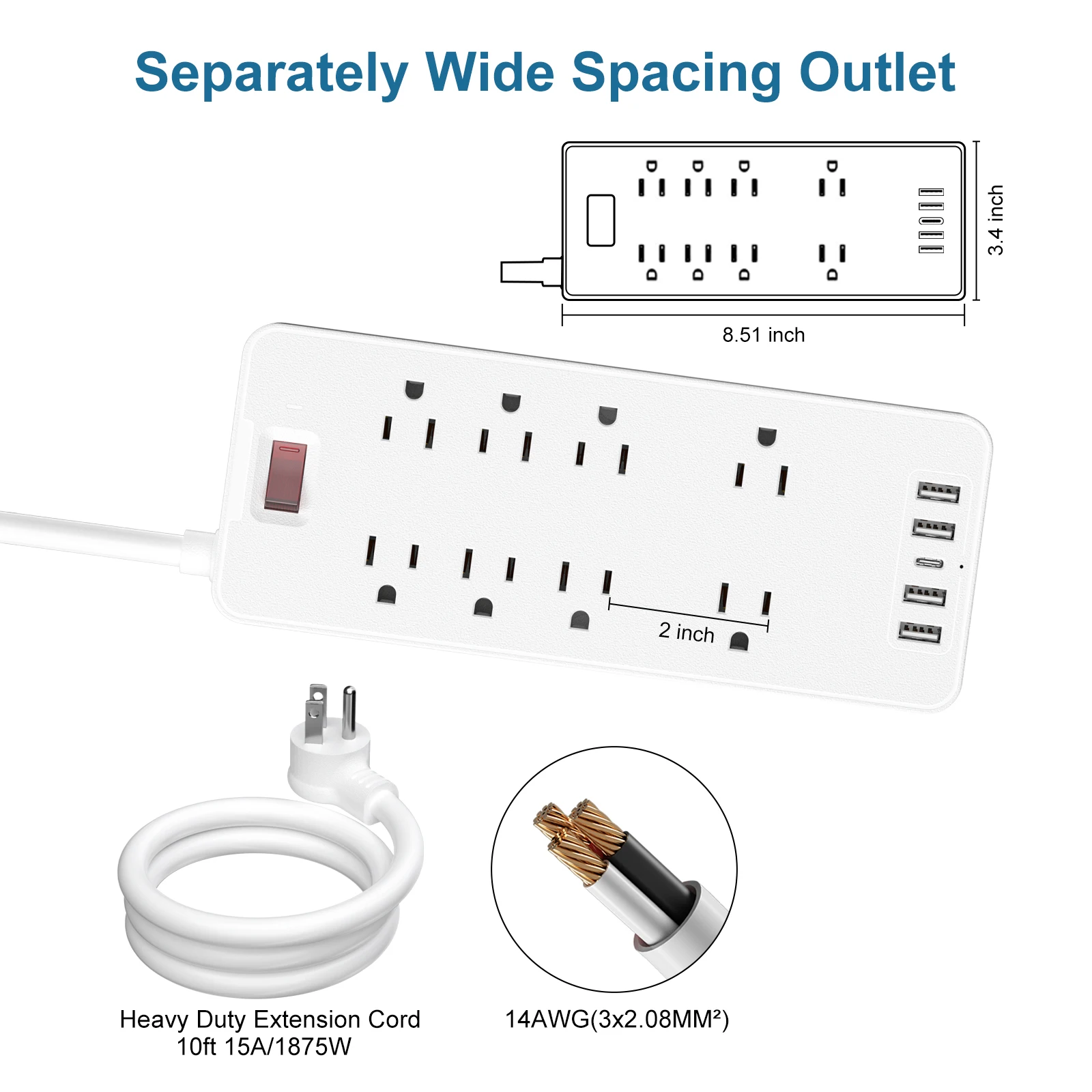 US Plug Power Strip Extension Cord Socket with 8 AC Outlets and 4 USB 1 Type-C Ports Fast Charging Network Filter Adapter