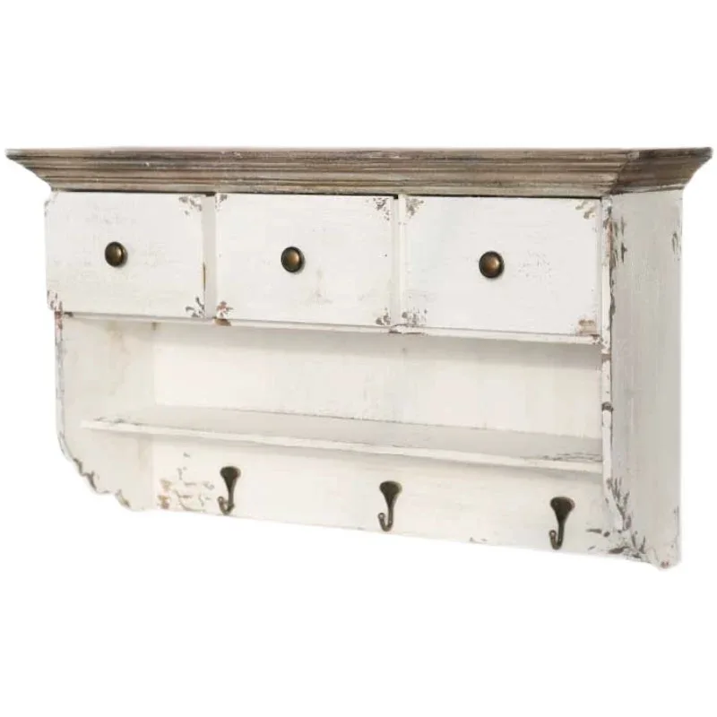 Rustic Solid Wood Wall Shelf with Drawers & Hooks, Distressed Farmhouse Entryway Storage Shelf, Vintage White Wall Organizer