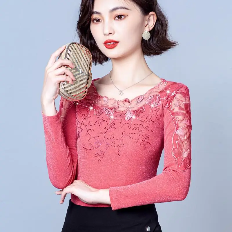 Women Lace Long Sleeve Top Warm Fleece Lined Blouse For Autumn Winter Elegant Inner Wear Tee New Fashion Base Layer​