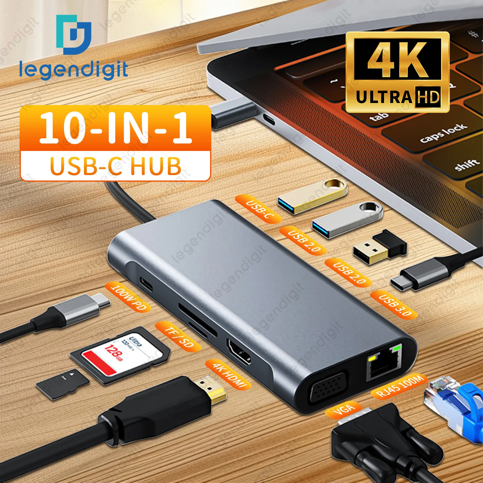 USB C Hub USB الفاصل منافذ موسع 10in1 TypeC إلى 4K HDMI SD TF قارئ بطاقات شحن سريع RJ45 إيثرنت VGA لماك بوك برو اير