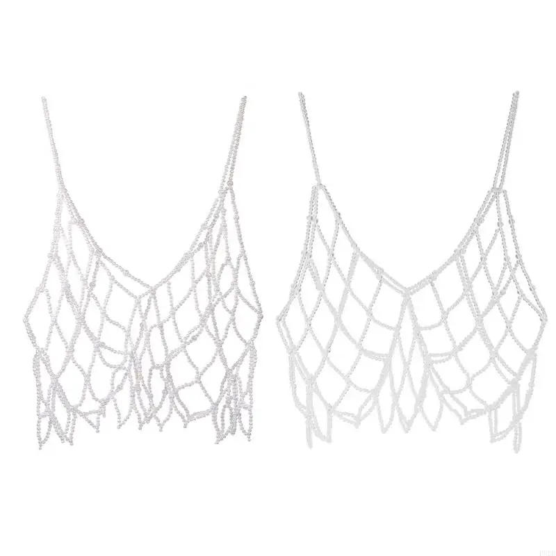 P8DB Women Handmade Woven Body Chain Camisole Imitation Pearl Crystal Beaded Vest Hollow Out Mesh for Tank Top Club Body Jewe