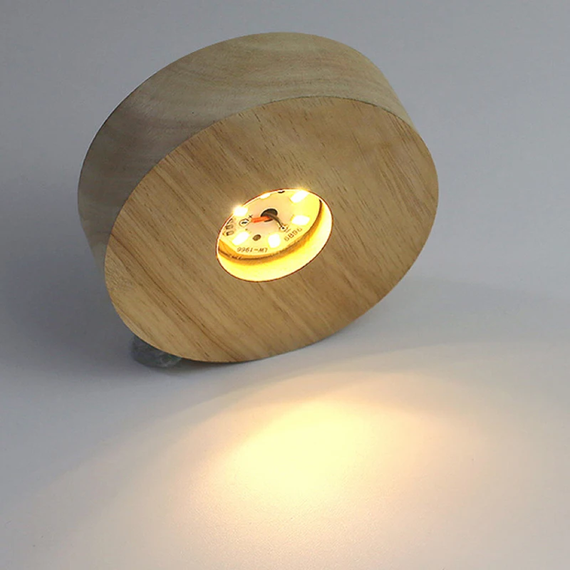 Base de soporte de luz LED redonda de madera con pilas AAA, adorno artístico de resina de cristal, lámpara de noche de madera 3D, 8cm