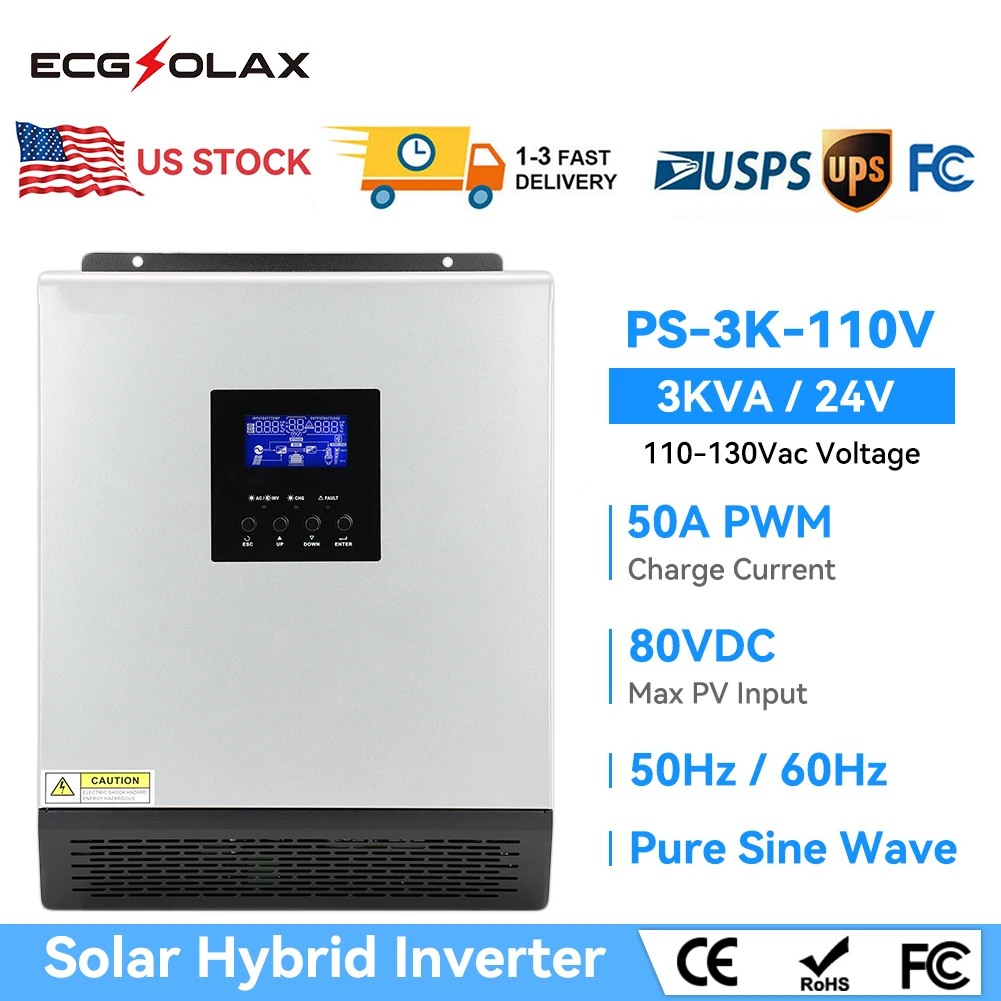 ECGSOLAX 3000W Hybrid Solar Inverter 24V 110V AC Pure Sine Wave Off Grid 50A PWM Charge Controller 80VDC PV Input LCD Display Single Phase for Home RV US Warehouse 1-3 Day Delivery
