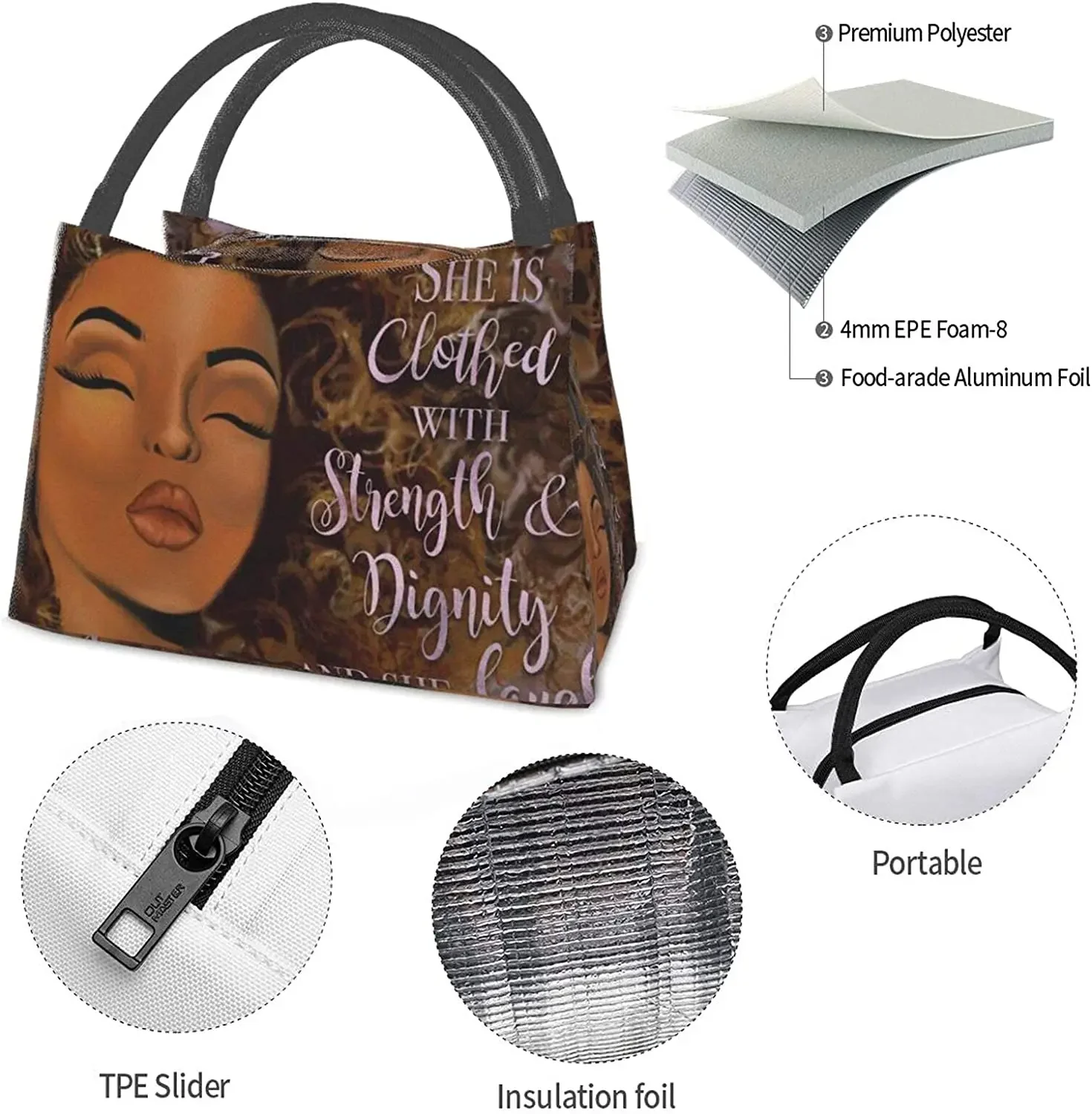 African American Women Lunch Bag Cooler Bags Insulated Tote Bag Portable Lunch Box Reusable Container for Travel Picnic Work