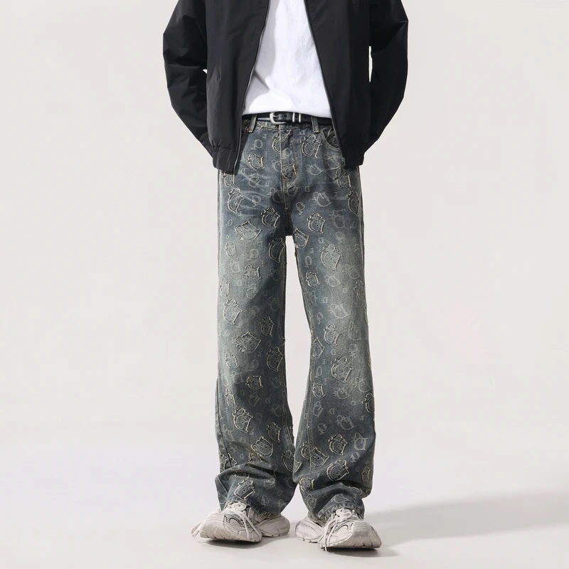 

Мешковатые джинсы, мужские брюки, новые американские винтажные свободные широкие брюки с цветочным принтом, модные джинсовые брюки Y2k, повседневные джинсы