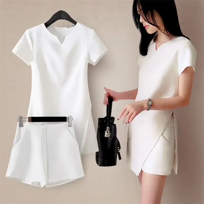 

Fashion Suits Women Summer 2024 New Korean Temperament Short Sleeve T Shirt Split Irregular Shirt and Shorts Thin 2 Piece Sets