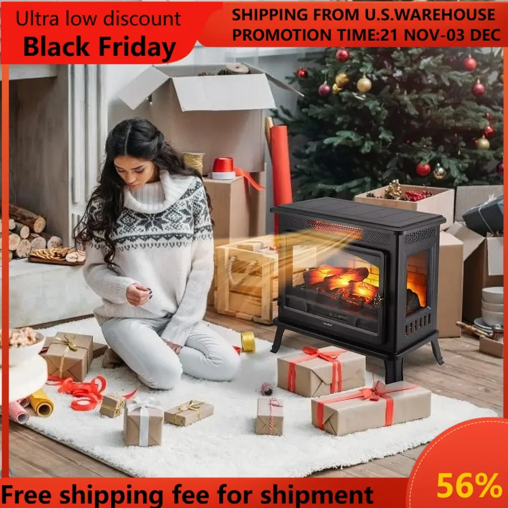 Electric Fireplace Infrared Heater 3D Freestanding Fireplace Stove Heater with Remote Control, Timer, Adjustable Flame Effect, U