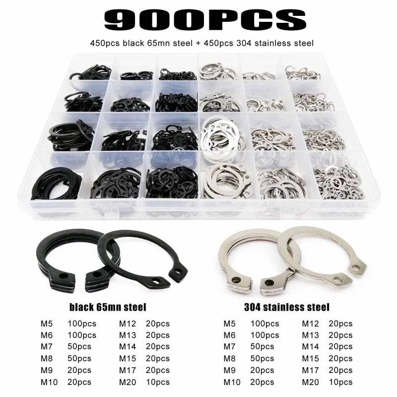 

500/900pc C Type Washers Assortment Kit Set M5-M20 Stainless Steel 65mn Shaft Bearing Retaining Clip Snap Ring External Circlip