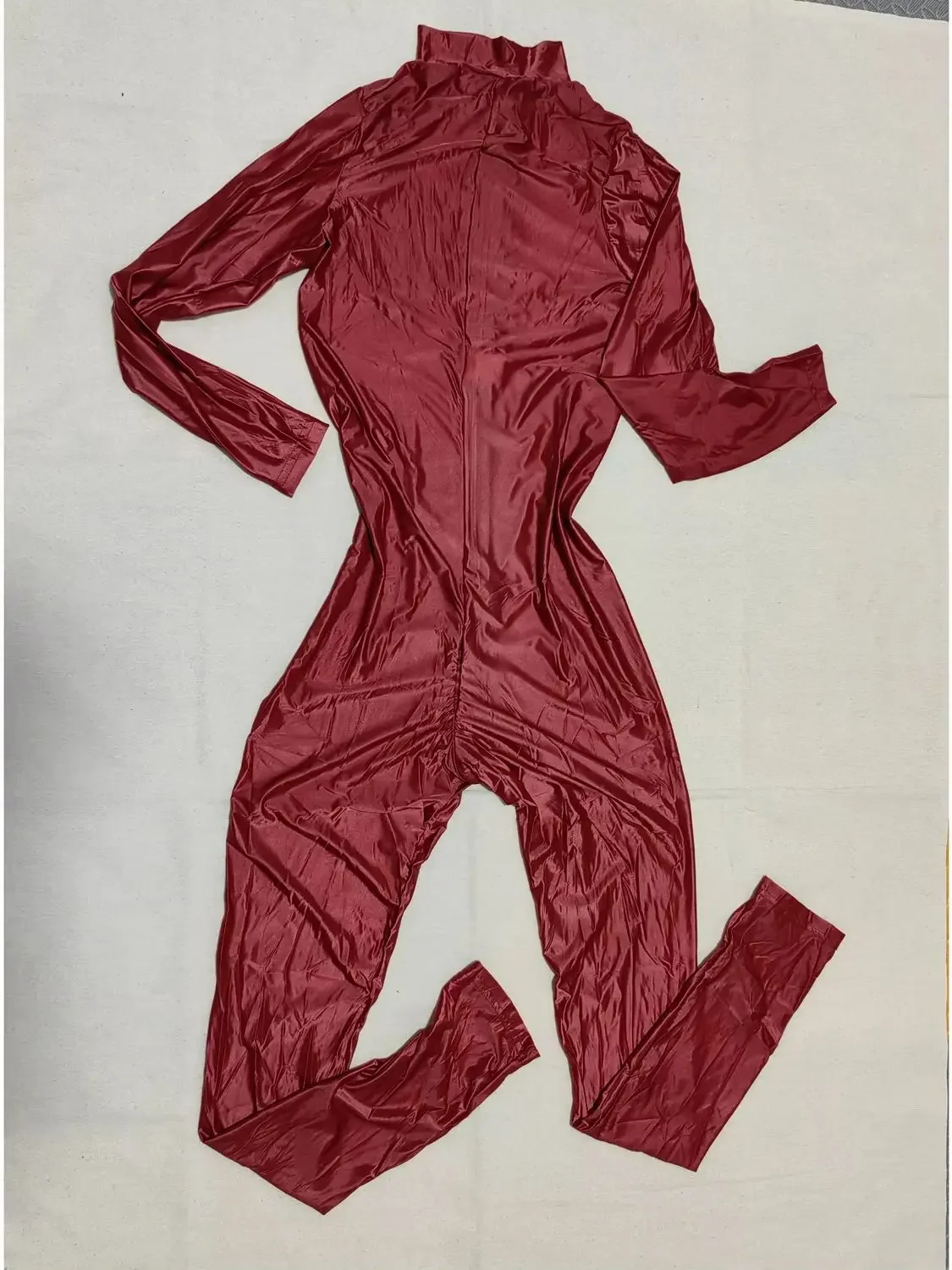 Sexy Damen Elastischer Yoga-Formgebender Bodysuit Glänzender Langarm-Reißverschluss-Catsuit mit Offenem Schritt Dienstmädchen-Strumpfhose Leotard