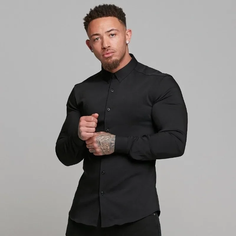 

Men Clothing Muscle Man Fitness Shirt Running Sports Slim Solid Color Shirt High Elasticity Business Non-iron Long-sleeved Shirt