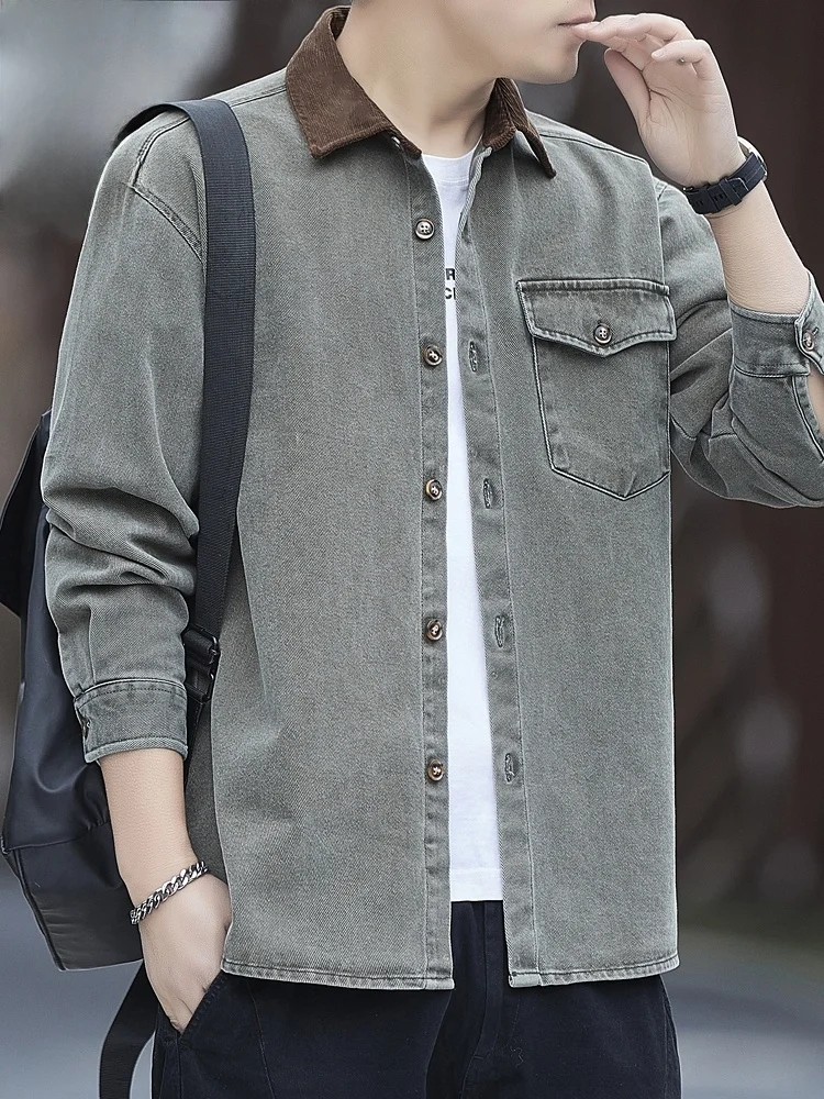 

Pure Cotton Denim Long Sve irt Men's Spring 2026 American Sle Collar Color Blo irt Jaet Casual Loose Fit