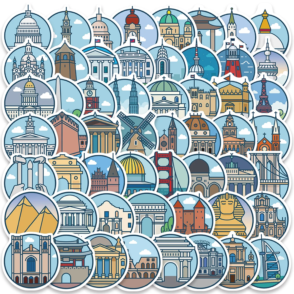 55pcs Graffiti impermeabili Retro Cartoon World City Landmark Stickers per bottiglia d'acqua chitarra bagagli decalcomanie per Laptop in vinile