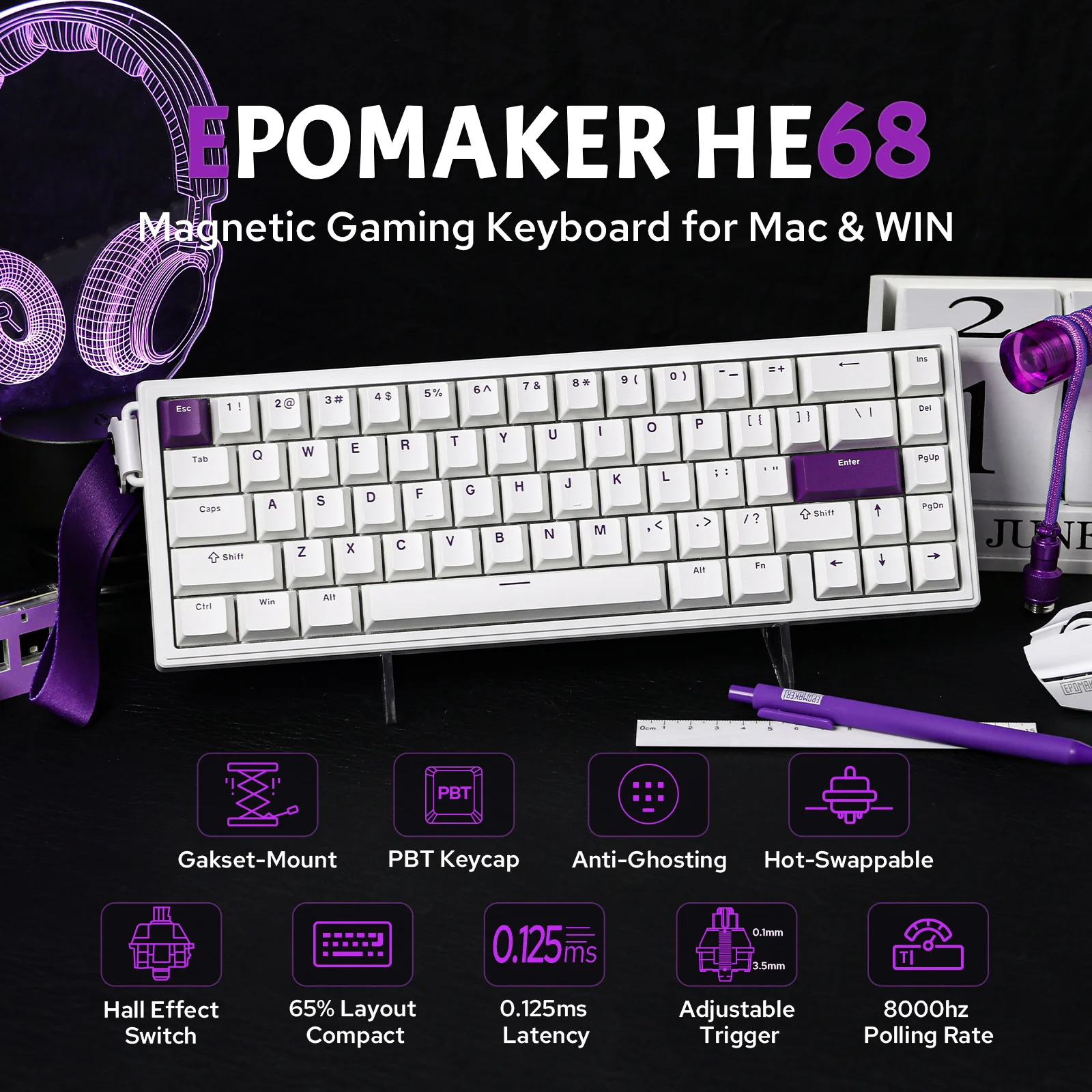 EPOMAKER HE68 65% ANSI US Layout Tastiera da gioco magnetica cablata con effetto Hall montata su guarnizione per Mac/WIN con velocità di polling 8000Hz