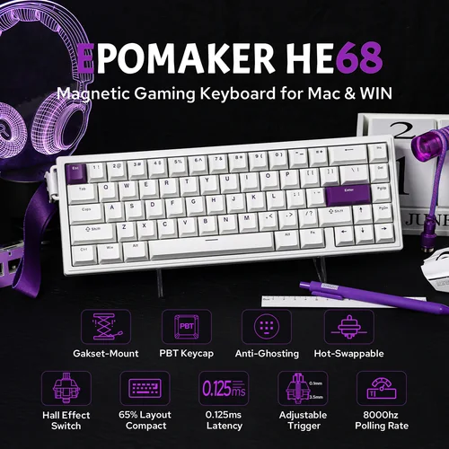 Imagen 2 del producto EPOMAKER HE68 65% ANSI US Layout Teclado magnético para juegos con cable efecto Hall montado en junta para Mac/WIN con velocidad de orolling de 8000 Hz